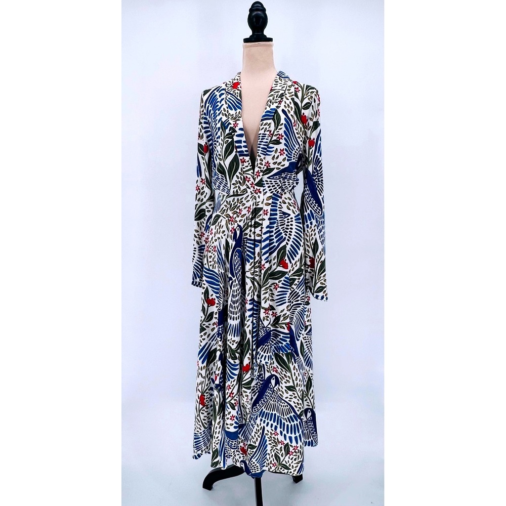Farm Rio NWT Off-White Macaw Flight Maxi Dress Tropical Bird Print Long Sleeve L - Picture 3 of 16